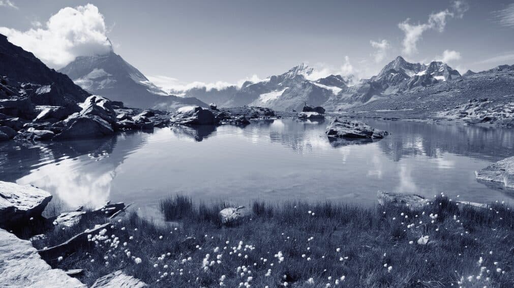 The Matterhorn reflected in a still alpine lake